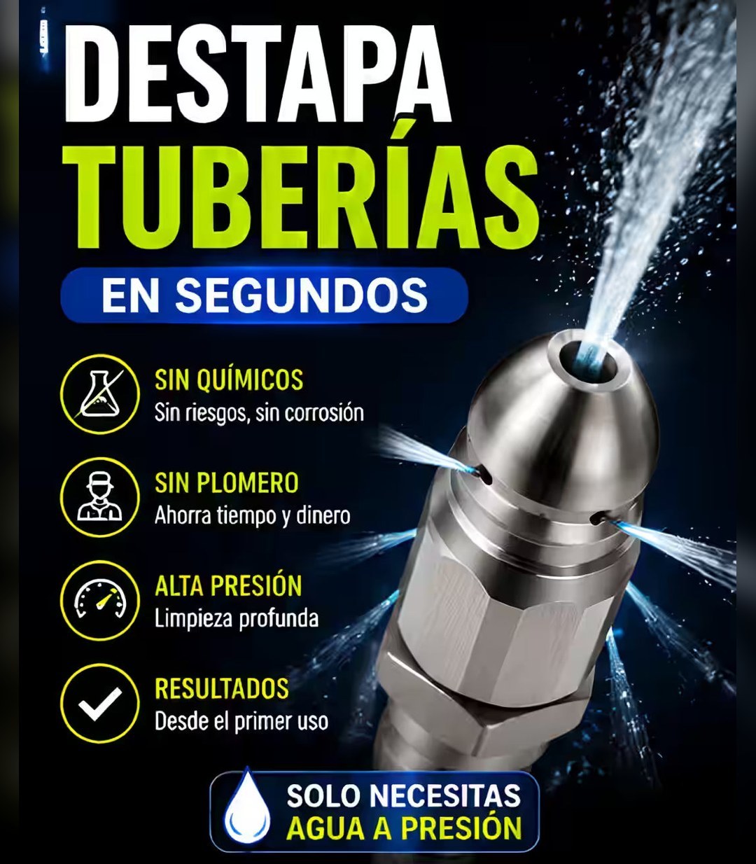 Boquilla Destapa Tuberías 💦 7 Chorros a Presión, Sin Químicos