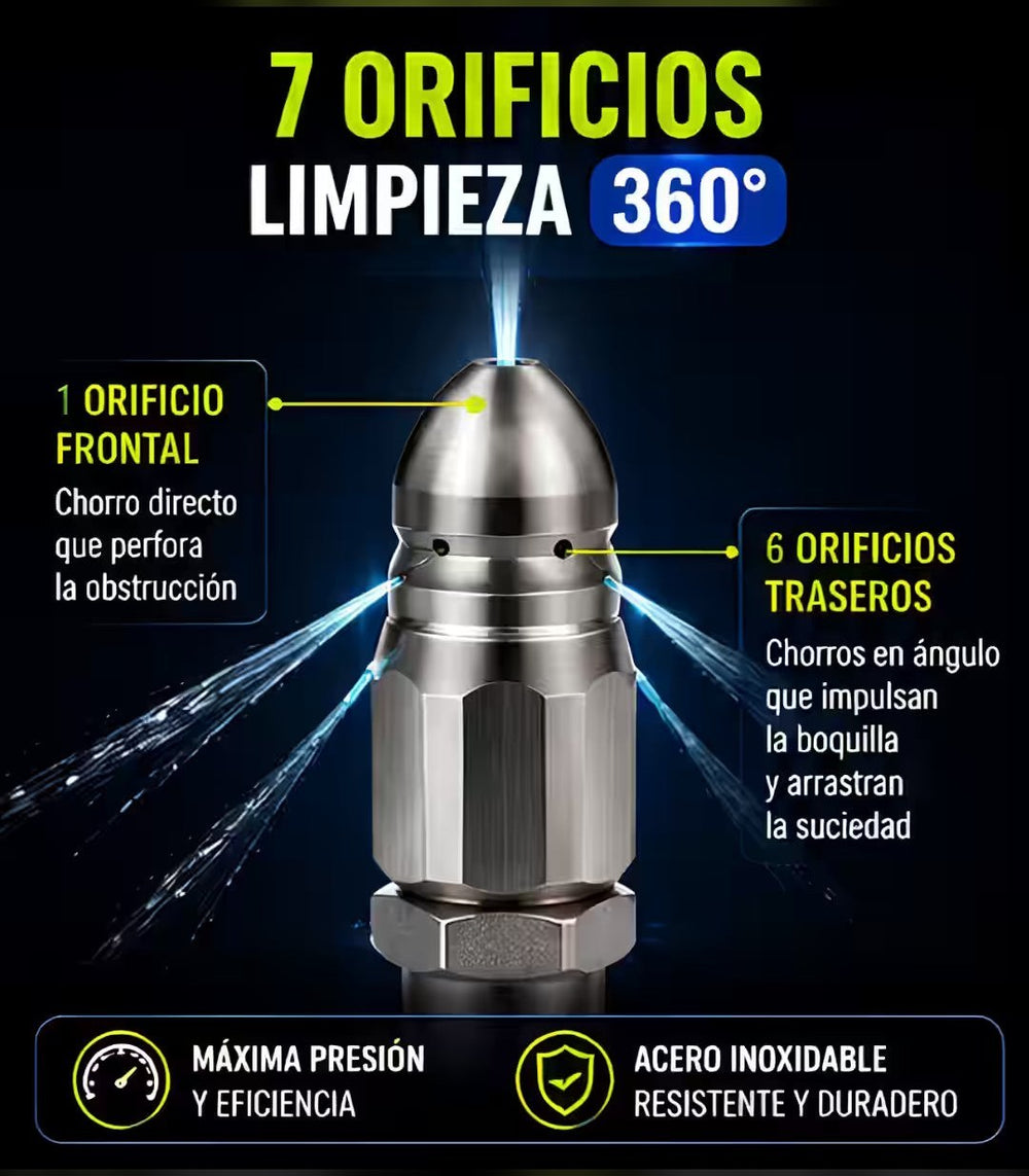 Boquilla Destapa Tuberías 💦 7 Chorros a Presión, Sin Químicos