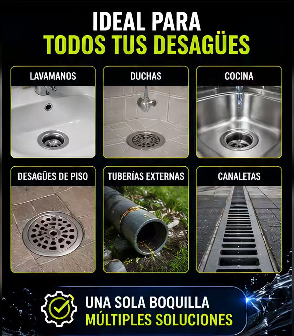 Boquilla Destapa Tuberías 💦 7 Chorros a Presión, Sin Químicos
