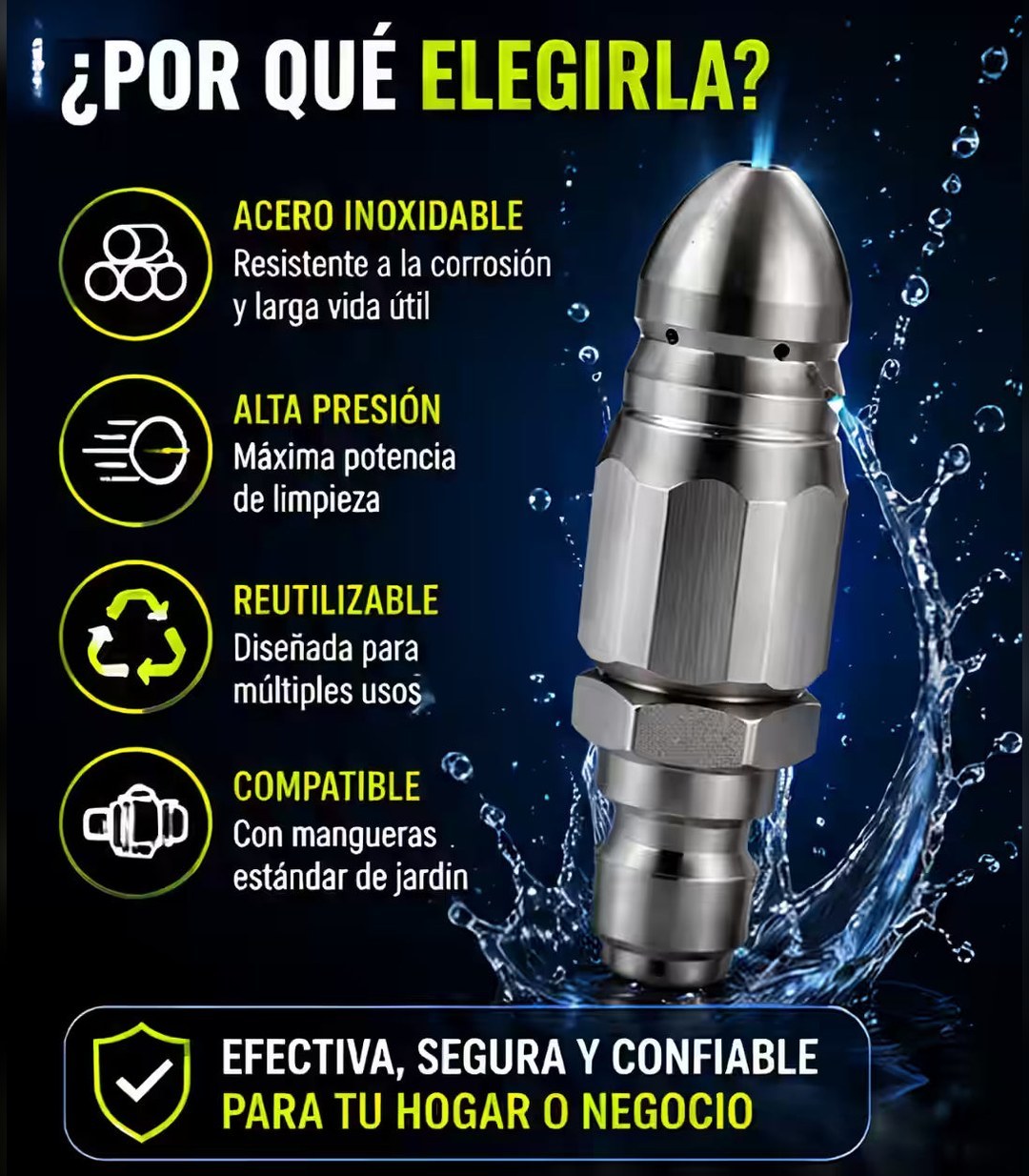Boquilla Destapa Tuberías 💦 7 Chorros a Presión, Sin Químicos