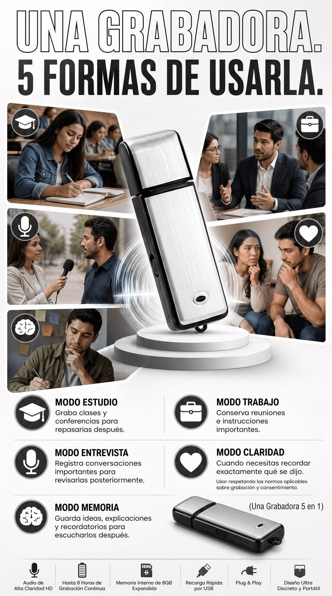 Grabadora de Voz USB 8GB — Mini, Recargable, hasta 8 h 🎙️