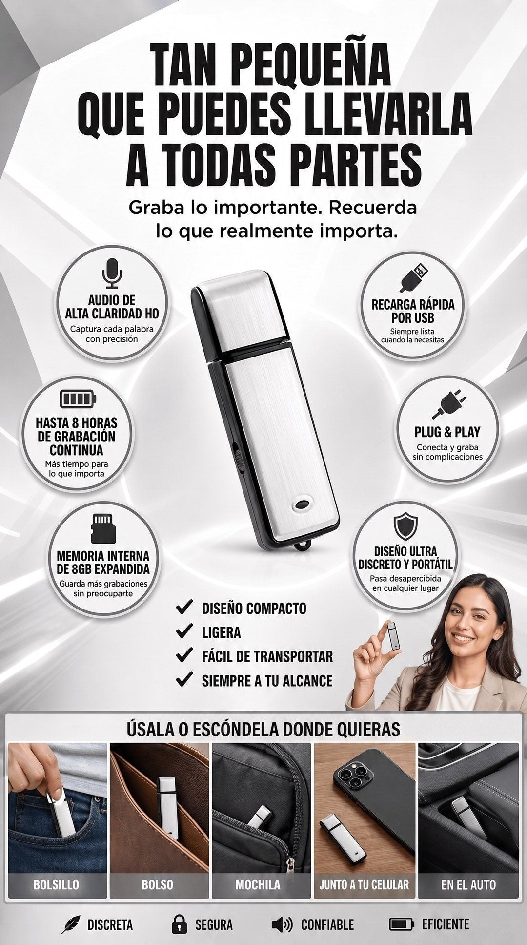 Grabadora de Voz USB 8GB — Mini, Recargable, hasta 8 h 🎙️
