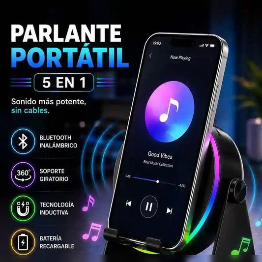 Parlante de Inducción 5 en 1 🎵 Bluetooth, Carga Inalámbrica y Soporte 360° — 1