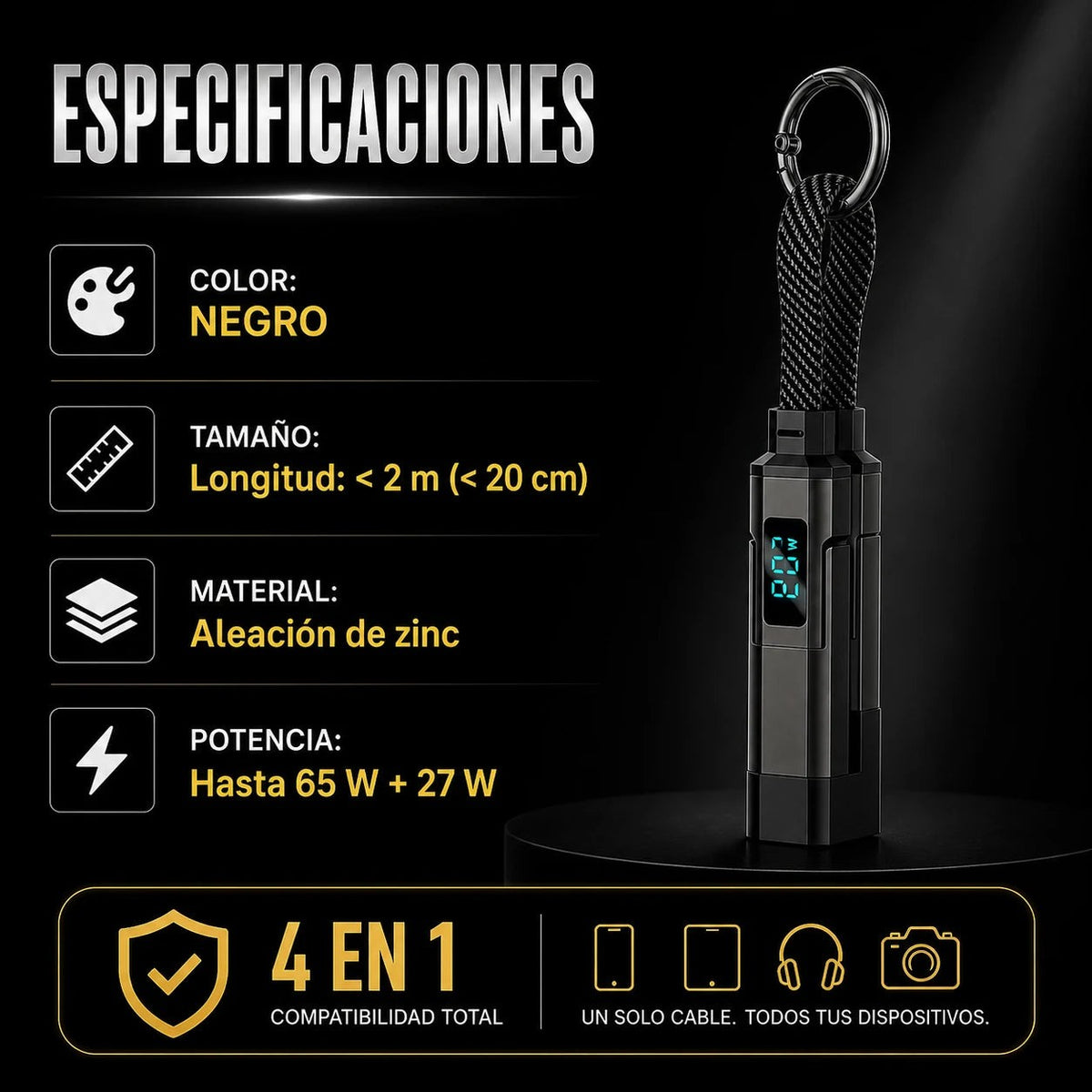 Cable Universal 4 en 1 con Llavero 🔌 Pantalla Digital de Carga — 5