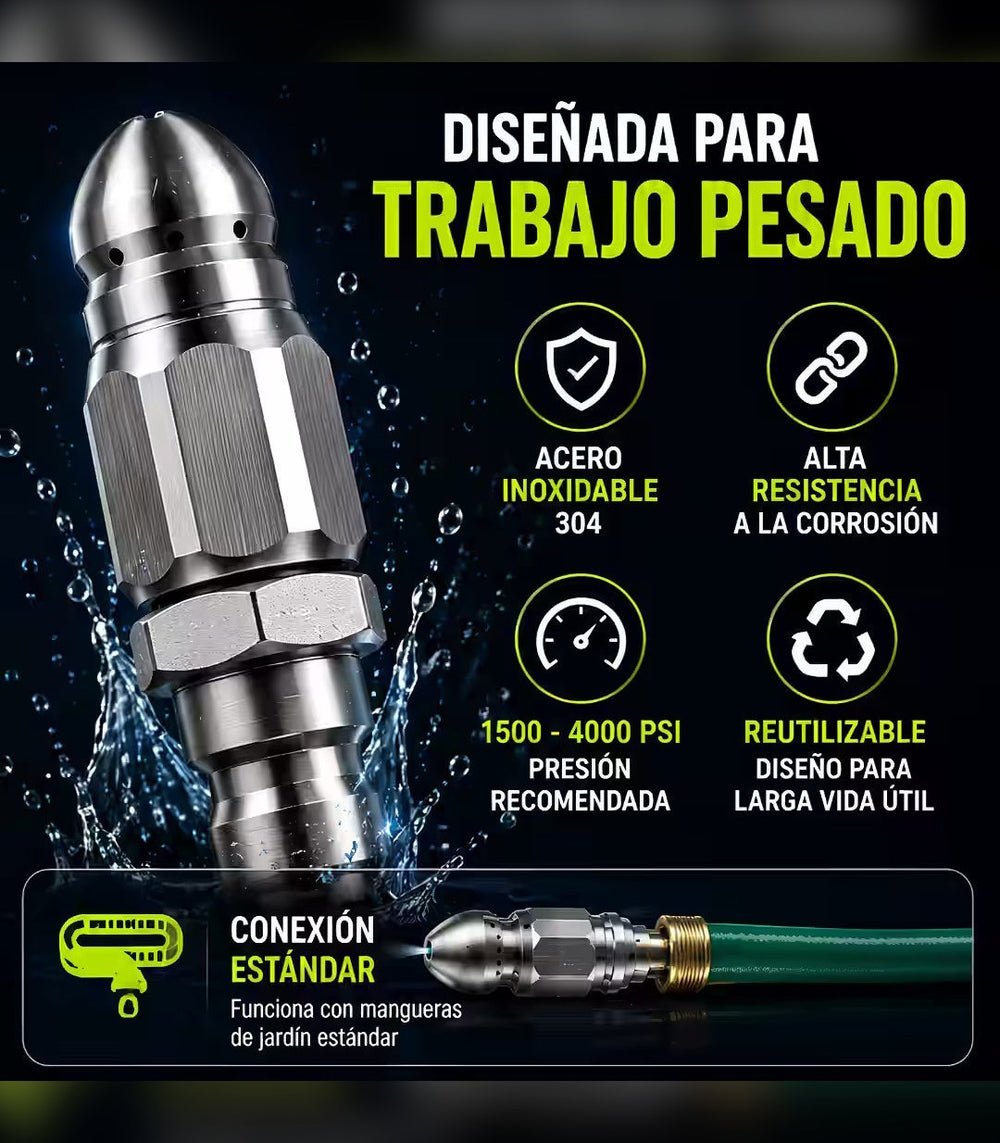 Boquilla Destapa Tuberías 💦 7 Chorros a Presión, Sin Químicos
