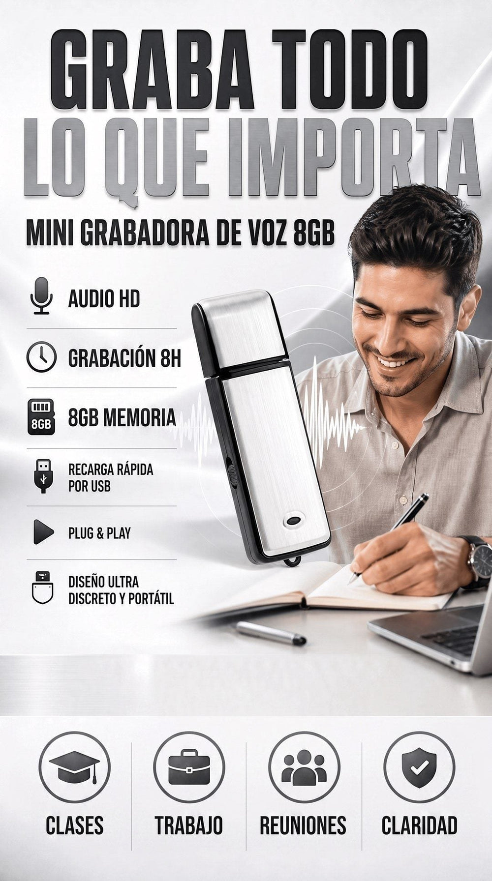 Grabadora de Voz USB 8GB — Mini, Recargable, hasta 8 h 🎙️