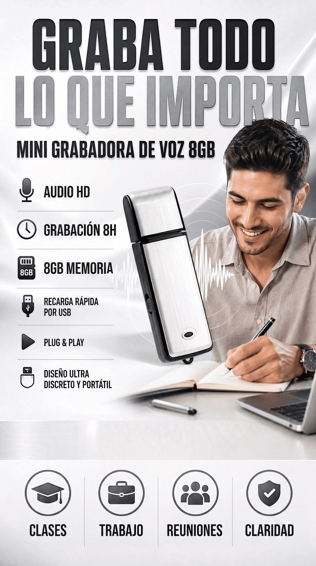 Grabadora de Voz USB 8GB — Mini, Recargable, hasta 8 h 🎙️