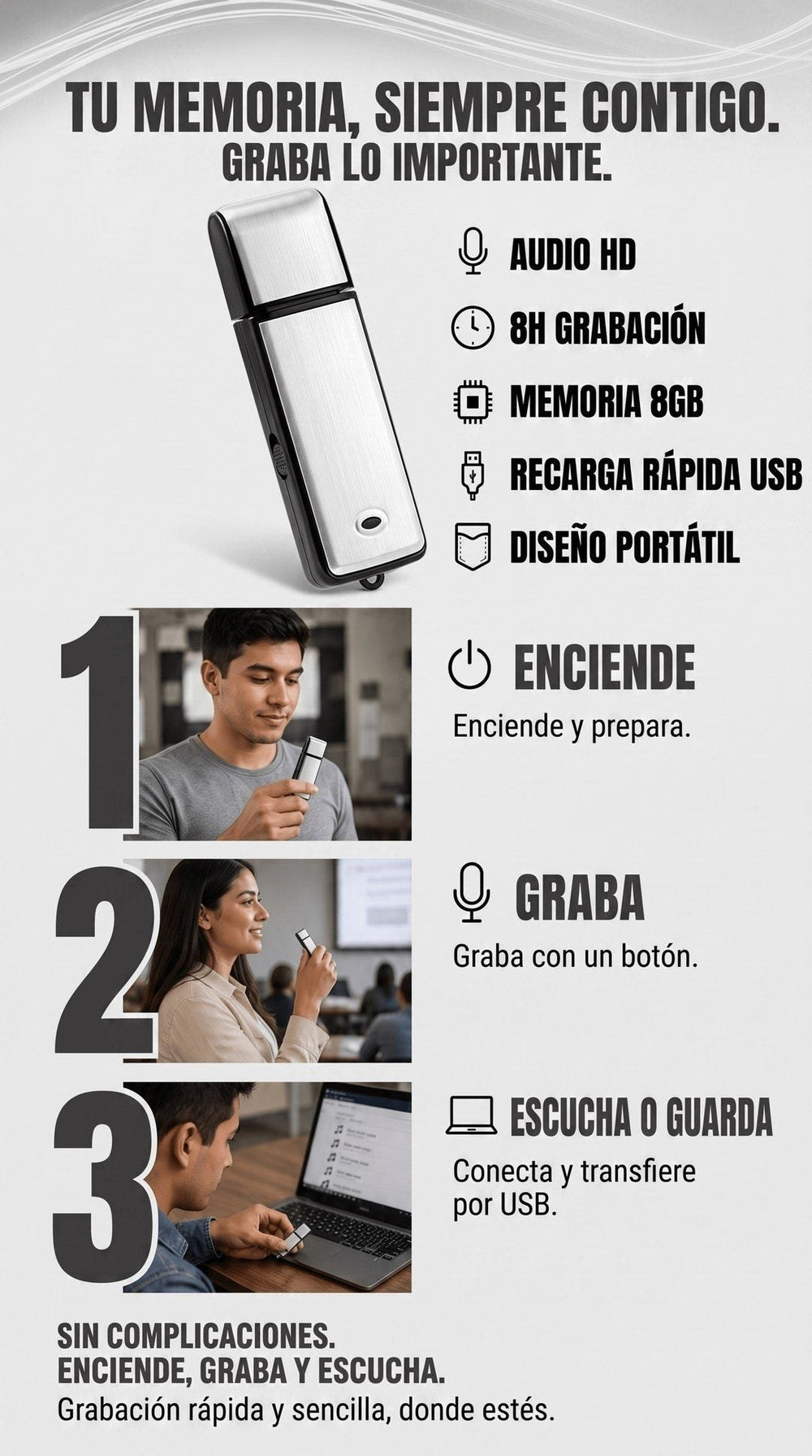 Grabadora de Voz USB 8GB — Mini, Recargable, hasta 8 h 🎙️