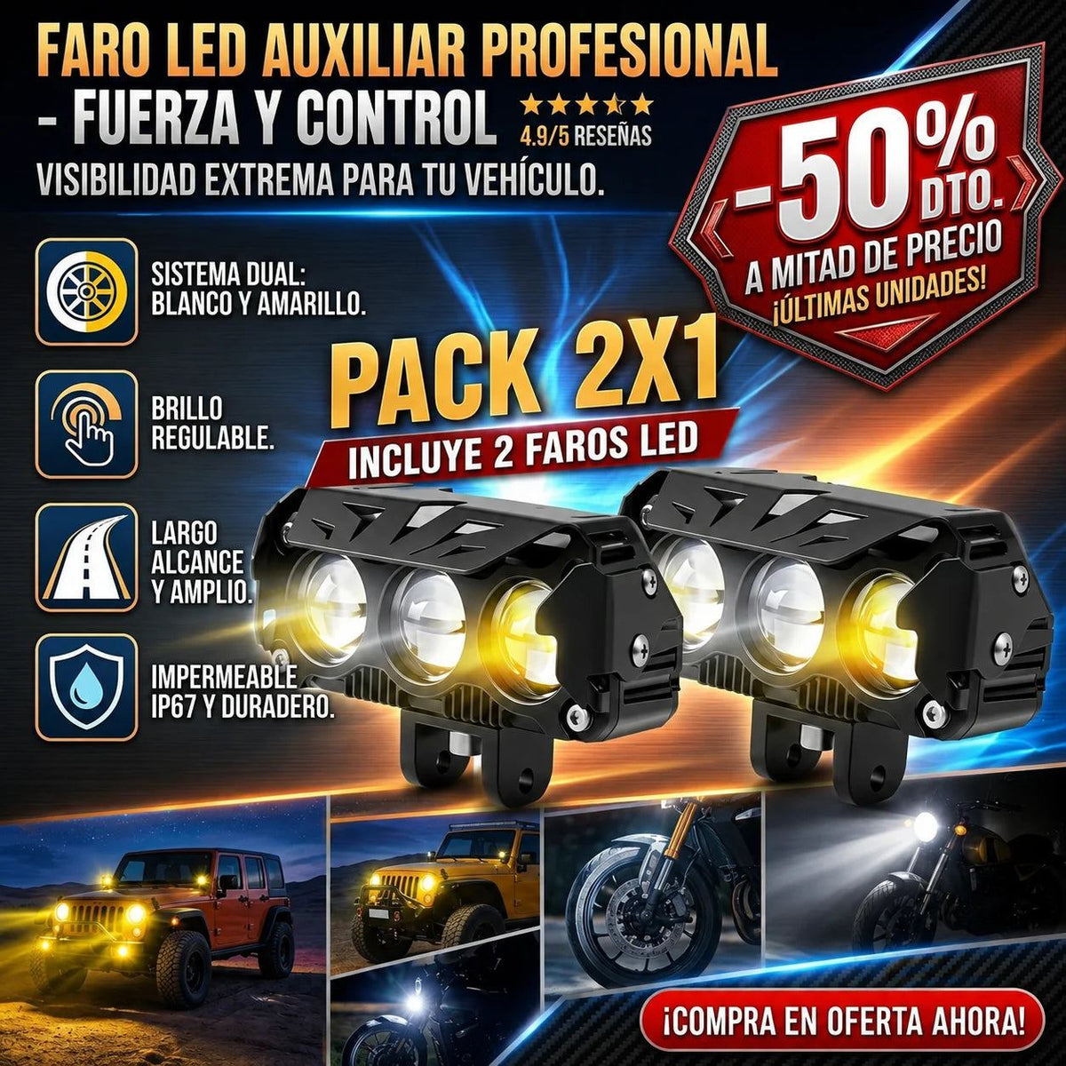 Faros LED Auxiliares de Largo Alcance — Pack 2 · Luz Blanca y Ámbar 🔦 — 1