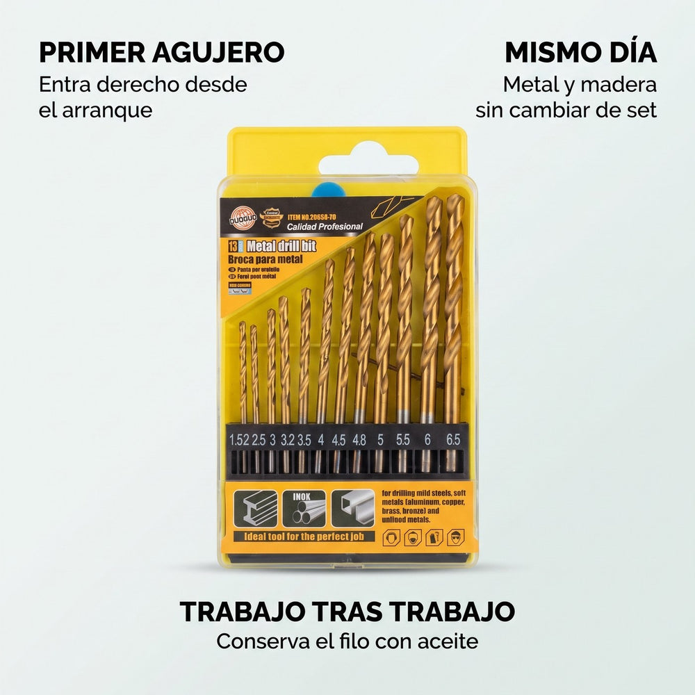 Juego de 13 Brocas Recubiertas de Titanio — Metal, Madera y Plástico
